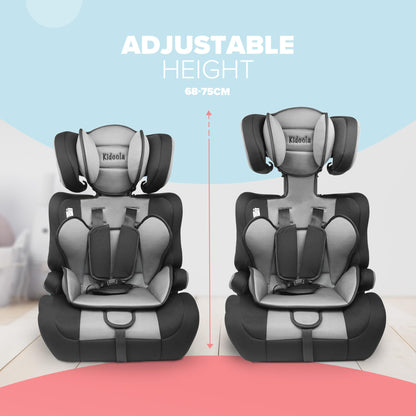 Kidoola Adjustable Car Seat for Toddlers & Children - Safety Certified Booster Seat, Padded & Comfortable with 3 Adjustable Age Functions & Straps, Up to 12 Years - ECE R44/04 (Grey & Black)