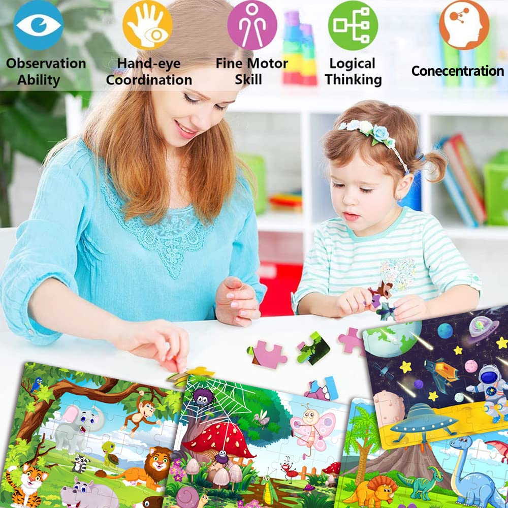 Wooden Jigsaw Puzzles for Kids 3-6 Year Olds -Space Dinosaur Animals 30 Piece Puzzle Toys -Toddler Children Learning Educational Puzzle Toys for Set for Kids 3 4 5 6 Year Old(4 Puzzles)