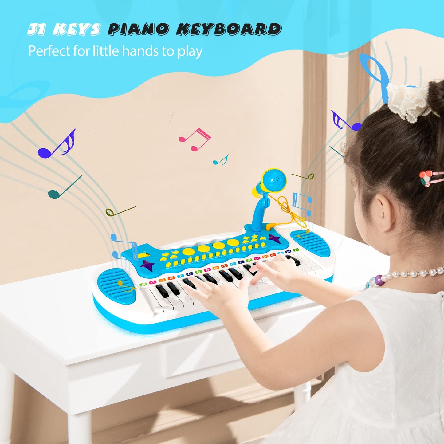 COSTWAY 31-key kids electronic keyboard with blue finish, stool, microphone, flashing lights, and recording features, musical toy piano.