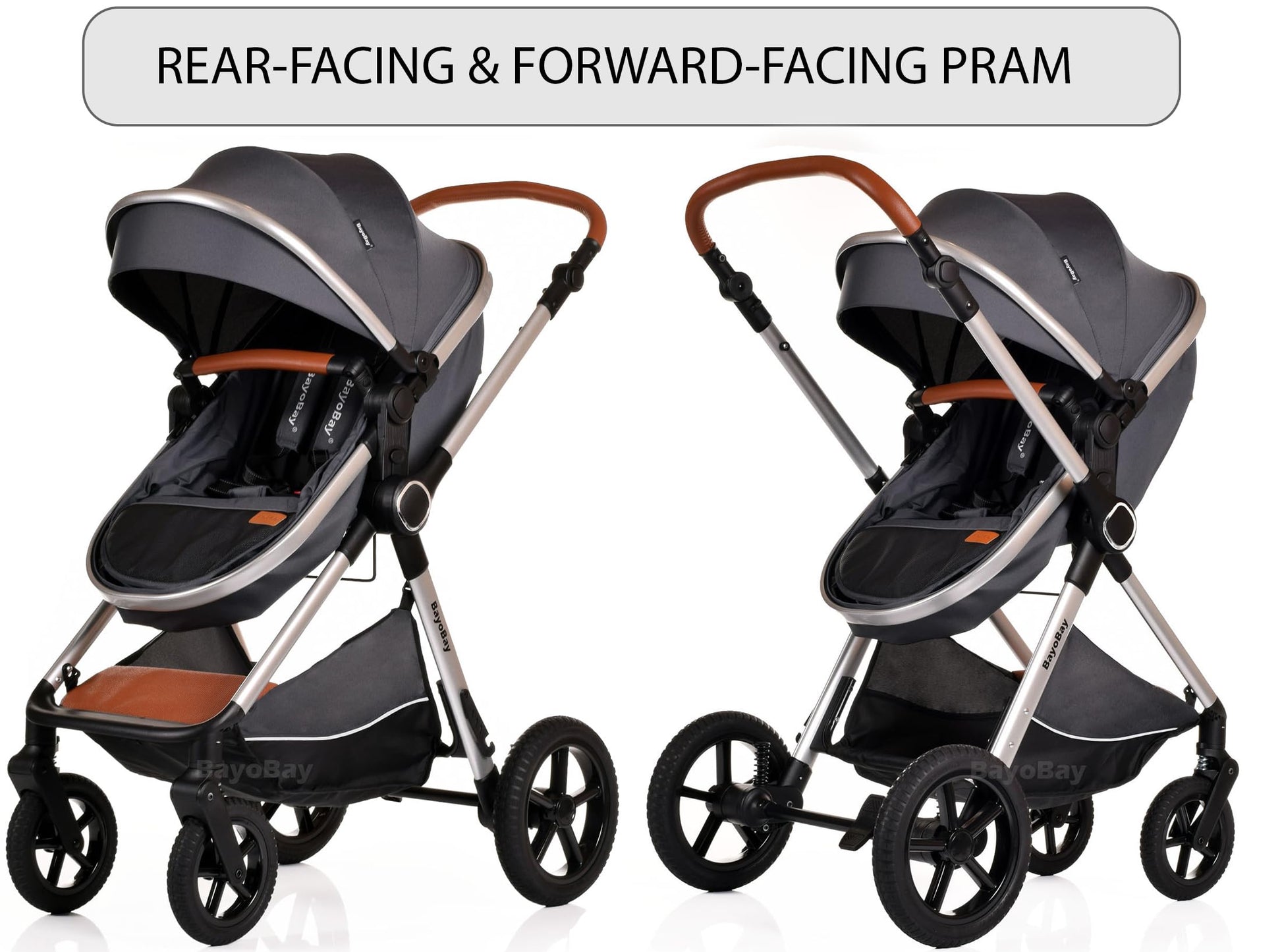 BayoBay 3-in-1 baby buggy pram and stroller with car seat and carrycot, lightweight, foldable travel system in grey silver for newborns.