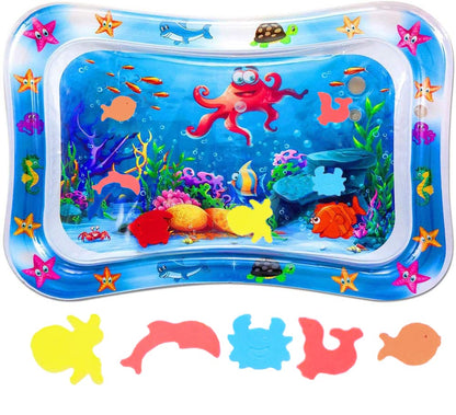 BabaBub inflatable water tummy time mat for infants and toddlers, featuring colorful sensory toys and a soft play area.