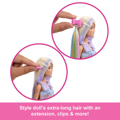 Barbie Fun & Fancy blonde fashion doll with long hair, silver metallic dress, and hair extension, accessories included.