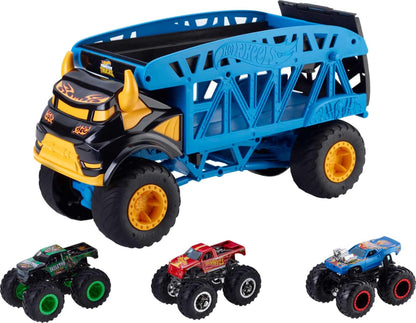 Hot Wheels GGB64 Monster Trucks set featuring three multicoloured cars on a white background.