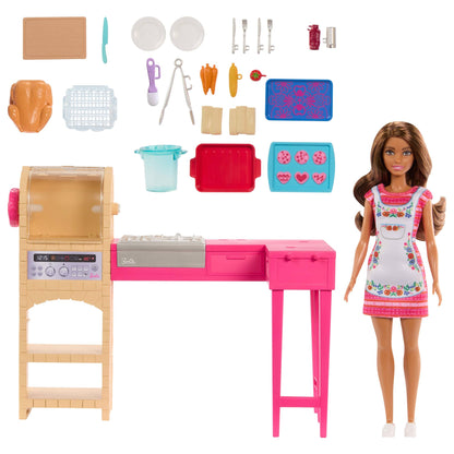 Barbie Teresa fashion doll and kitchen playset with accessories, including color-change cookies and pretend cooking utensils.