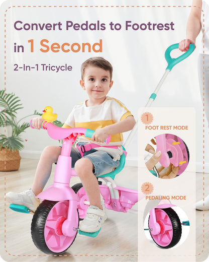 KRIDDO 2 in 1 Kids Tricycles Age 18 Month to 3 Years, EVA Wheels Upgraded, Gift Toddler Tricycle, Trikes for Toddlers 2 to 3 Year Old with Push Handle and Duck Bell, Pink