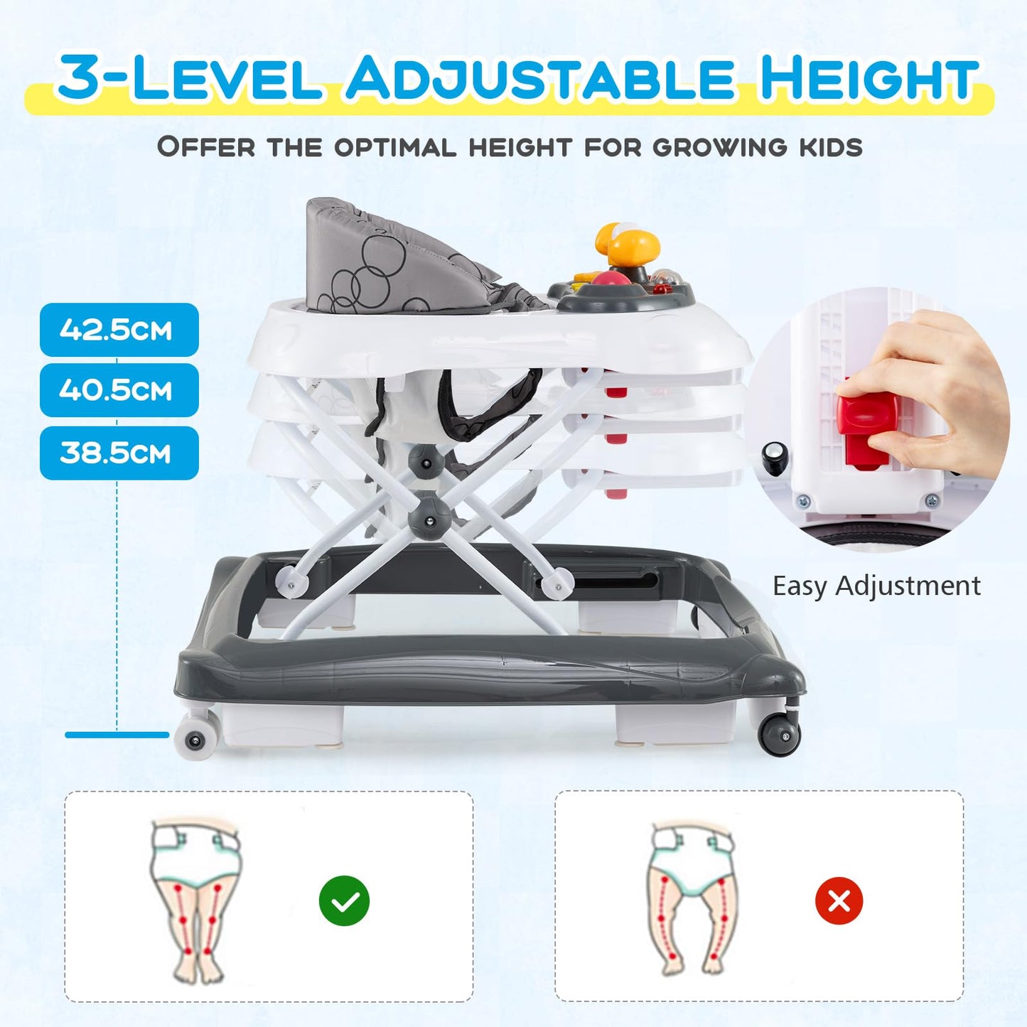 Maxmass 4-in-1 baby walker with padded seat, removable lights and music tray, adjustable height, gray foldable infant activity center