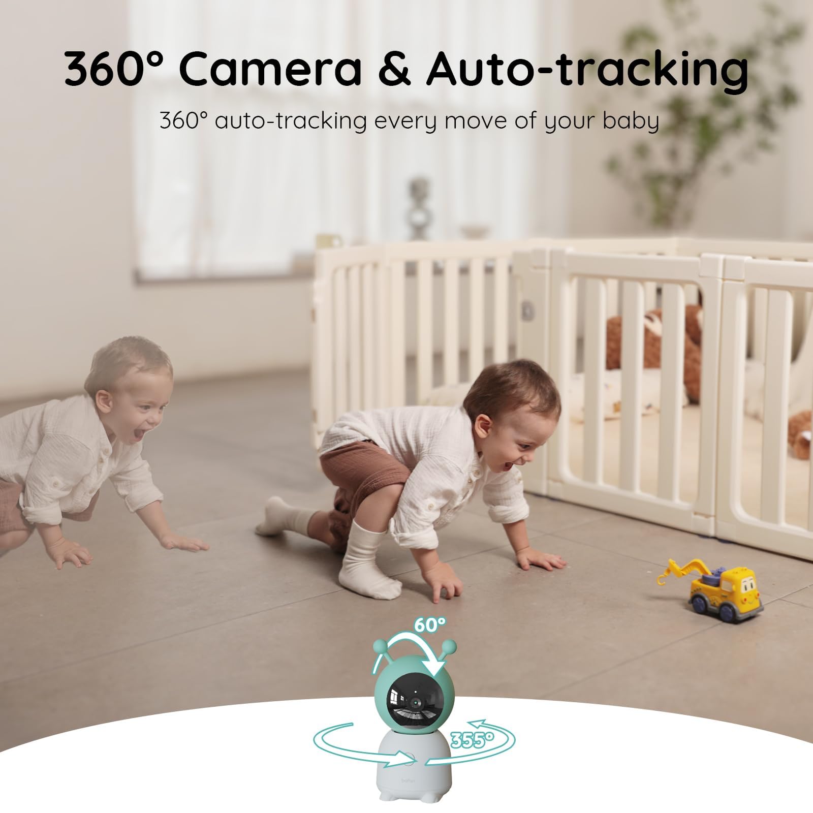 Boifun 2K WiFi baby monitor with 5-inch screen, night vision, PTZ camera, night light, and smartphone app control.