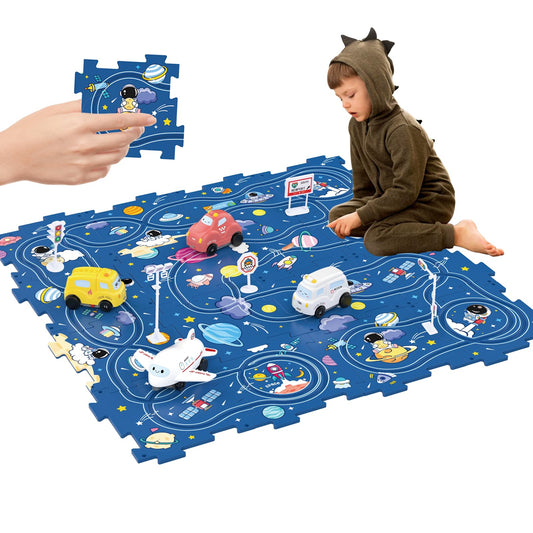 Bearbao Toddler Toys Gifts for 3 4 5 Year Old Boys, Total 16 Pieces Jigsaw Puzzle Racer Track Car Set with 2 Cars for Kids Boys 3-5, Puzzle Tracks Car Toys Gifts for 3 4 5 Year Old Boy Kids