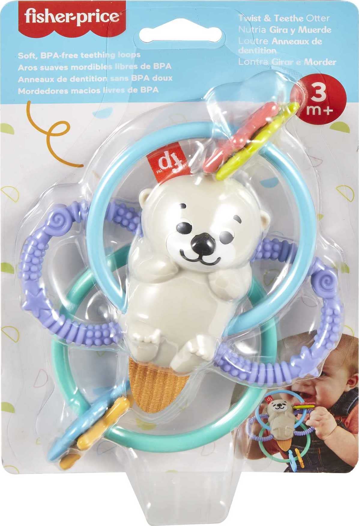 Fisher-Price Baby Toys Twist & Teethe Otter 2-in-1 Rattle and BPA-Free Teether with Textured Rings for Infant Fine Motor Play, HJW12