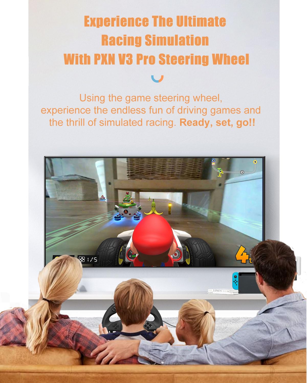 PXN V3 Pro Gaming Steering Wheel with Pedals - 180° Wheel, Vibration Feedback, Integrated-Shifter, Paddle Shifters - Steering Wheel for PC, PS3, PS4, Xbox and Switch - Black