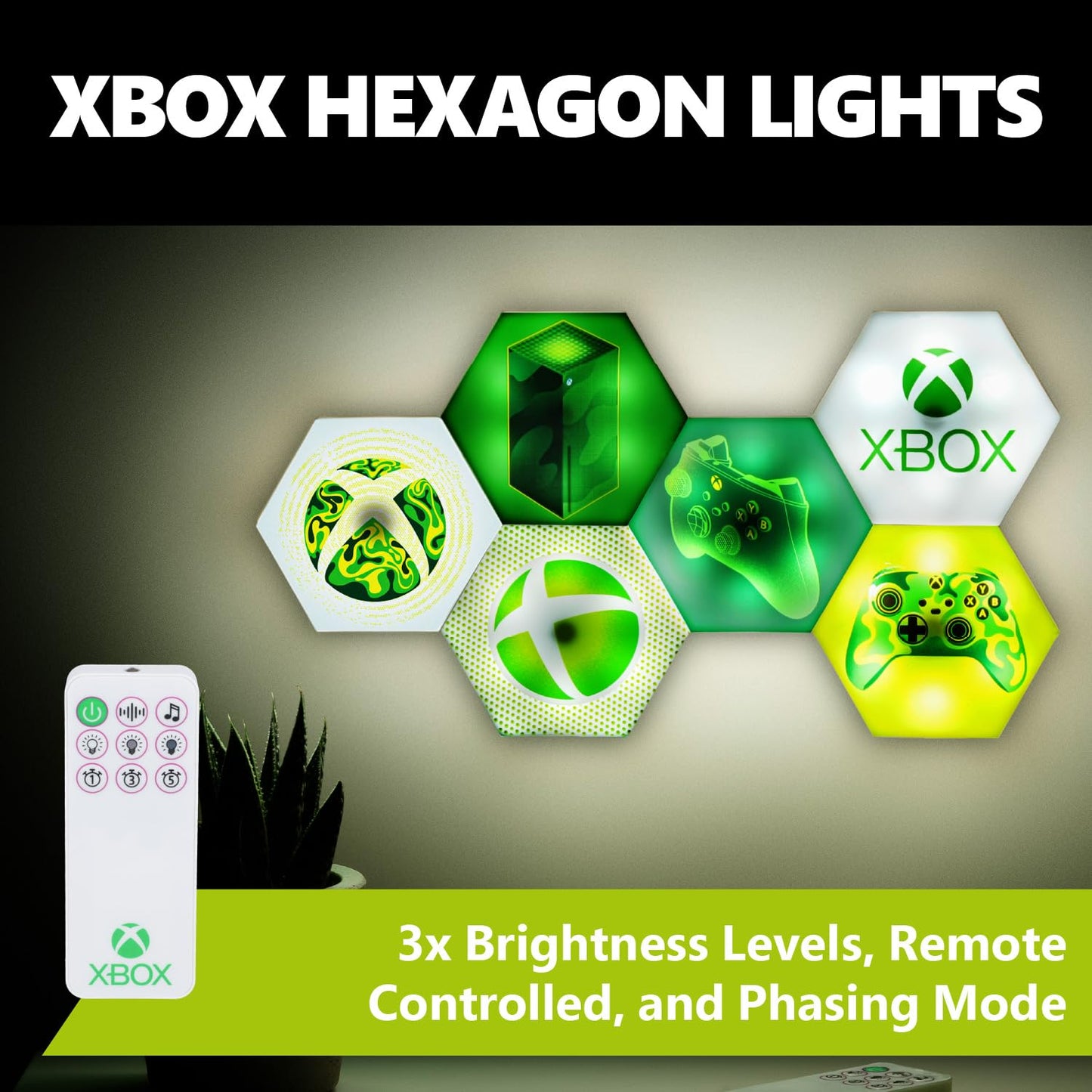 XBOX Paladone Hexagon LED Lights, Free Standing or Wall Mountable Customizable Game Room Decor Lighting with Remote-Controlled Light Phasing and Music Reactive Modes