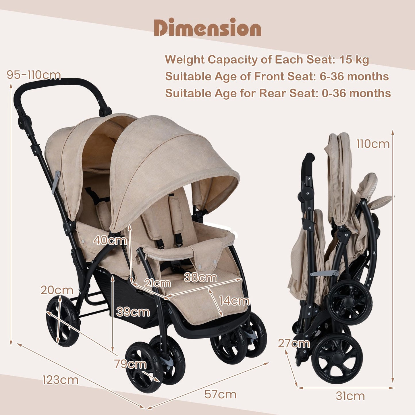 Foldable Twin Stroller, Double Baby Pushchair w/Multi-Level Backrest, Canopy, Handle & Footrest, Safety Belt & Brake System, Travel Tandem Seating Stroller w/Lockable Wheels (Khaki)