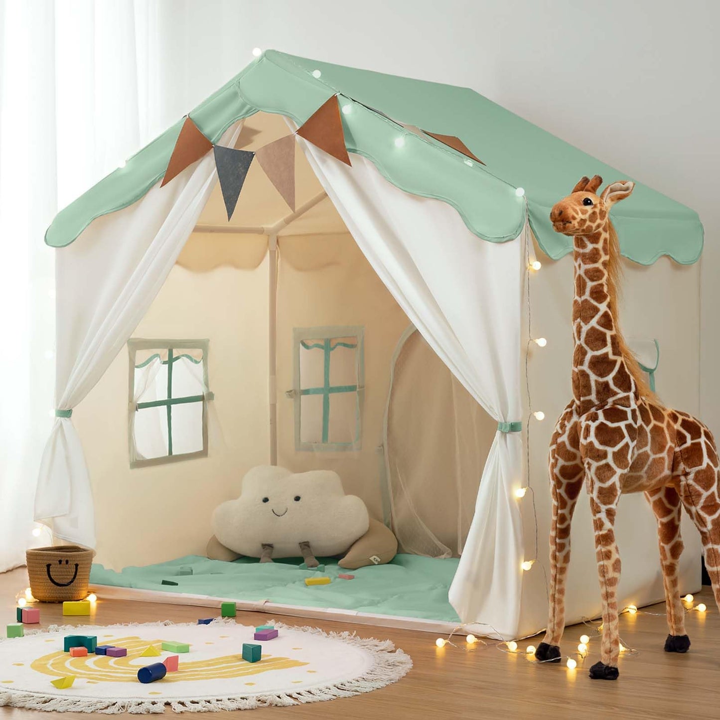 Besrey 2-in-1 kids play house tent with lights and pad, green princess toddler tent for indoor play, large bed tent with two doors.