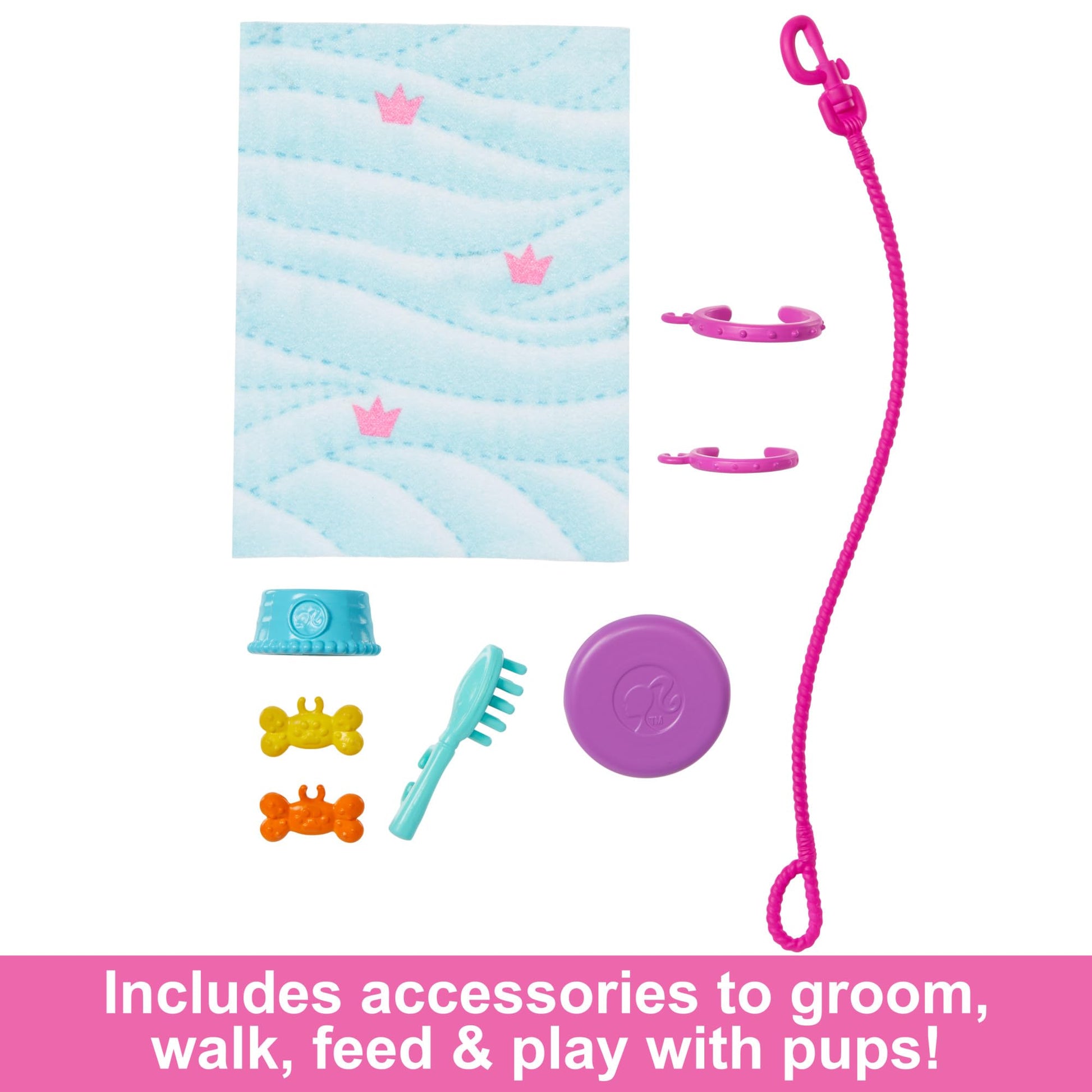 Barbie doll with two toy dogs, including one in a wheelchair, and pet accessories in a colorful playset.