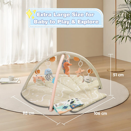 Suihuooo Baby Play Mat, Ocean Shell Theme Playmats & Floor Gyms, Baby Play Gym with 6 Detachable Activity Toys, Early Sensory Development Play Mat for Infant & Newborn (Beige)