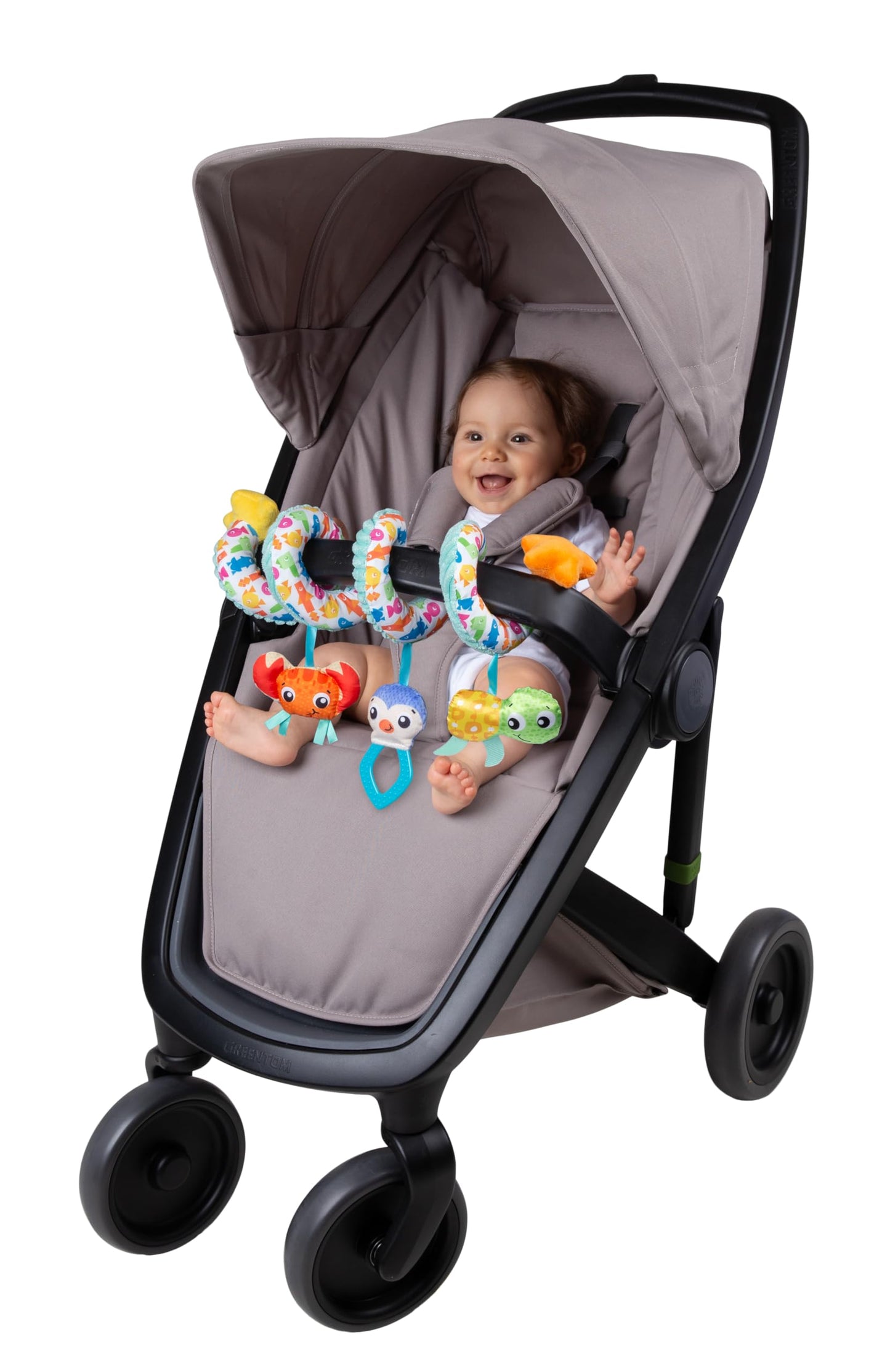Colorful Playgro Ocean Wonders Twirly Whirly toy with ocean-themed characters and spinning parts for sensory play.