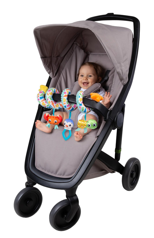 Colorful Playgro Ocean Wonders Twirly Whirly toy with ocean-themed characters and spinning parts for sensory play.