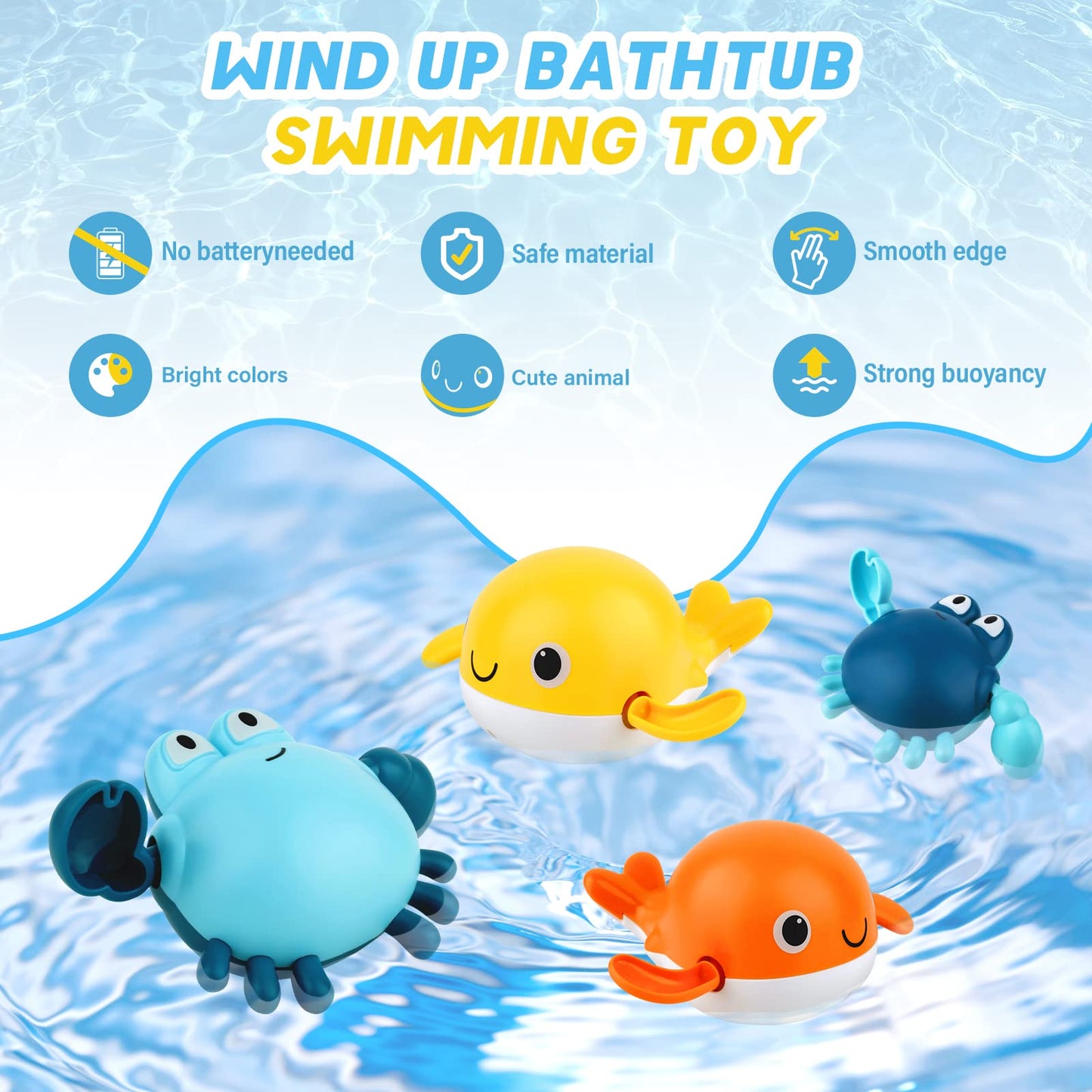 twoonto Baby Bath Toys, Wind Up Magnetic Fishing Games Toy with Fishing Net Floating Pool Bathtub Toys, Montessori Toys for Toddlers, Boys, Girls, 1 2 3 4 5 Years Old, 4 Pcs (Style C)