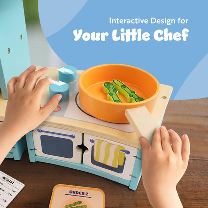 Bluey tabletop restaurant playset with wooden oven, sink, fridge, and accessories for kids' pretend kitchen role play.