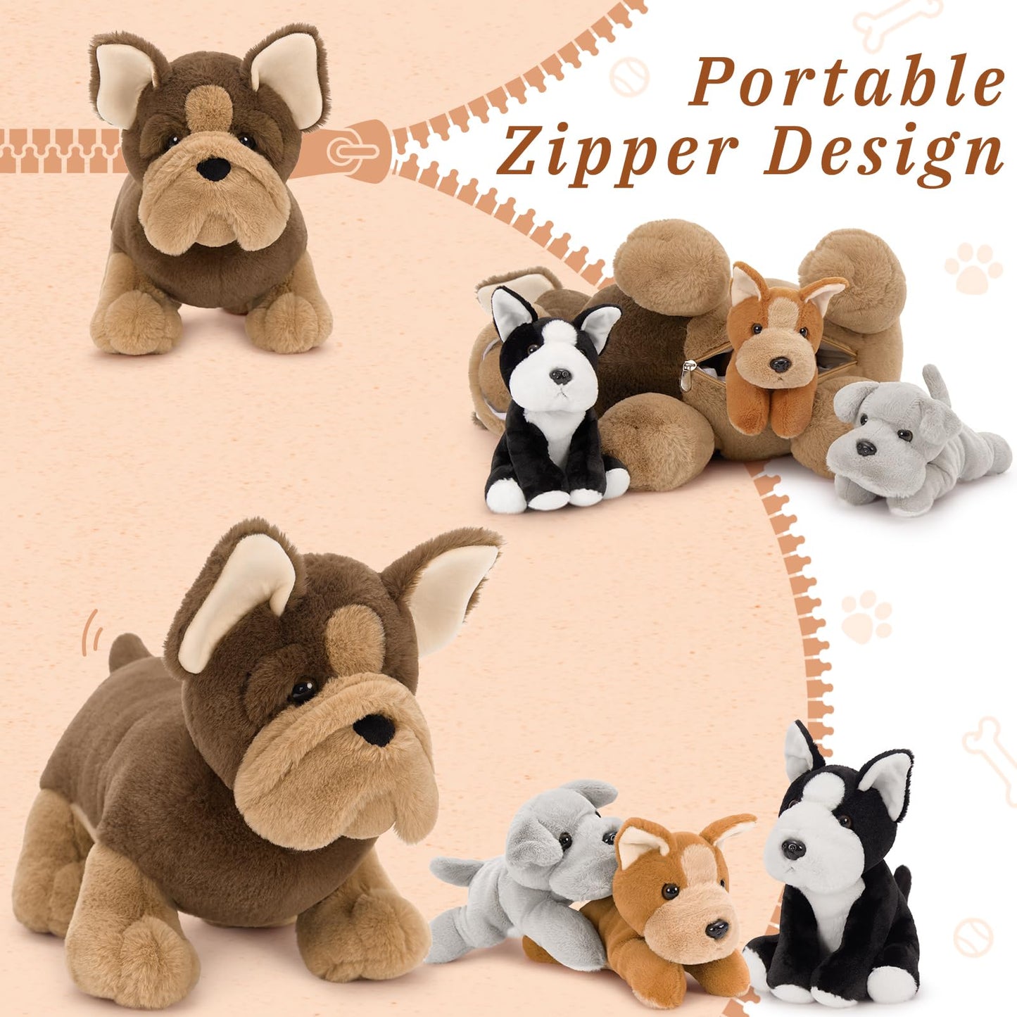 MorisMos Giant 45cm Dog Soft Toy with 3 Cuddly Puppies Baby Inside, Big Fluffly French Bulldog Plush, Realistic Kawaii Dog Teddy Gift for Kids Birthday Christmas Deco