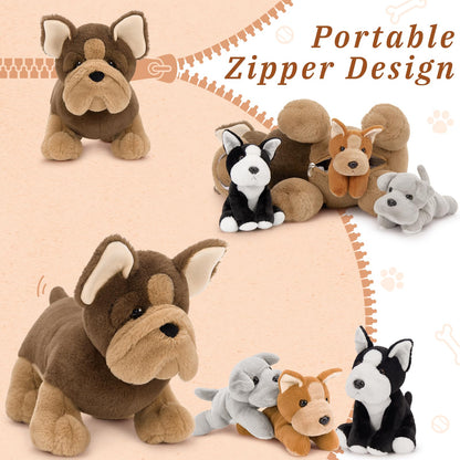 MorisMos Giant 45cm Dog Soft Toy with 3 Cuddly Puppies Baby Inside, Big Fluffly French Bulldog Plush, Realistic Kawaii Dog Teddy Gift for Kids Birthday Christmas Deco