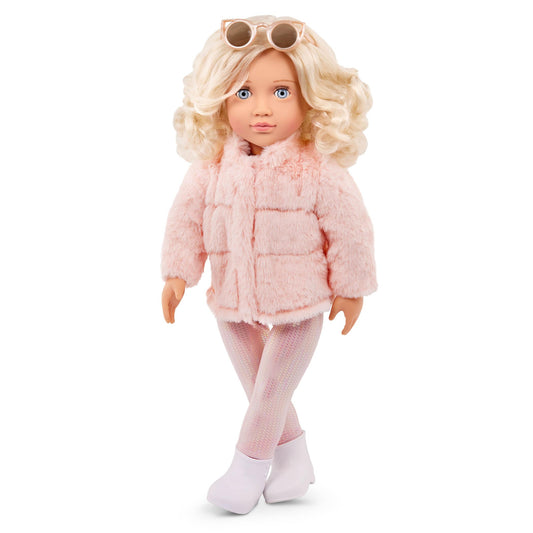 18-inch Our Generation Ava Doll wearing a pink faux-fur coat, winter outfit, snow boots, and stylish sunglasses.