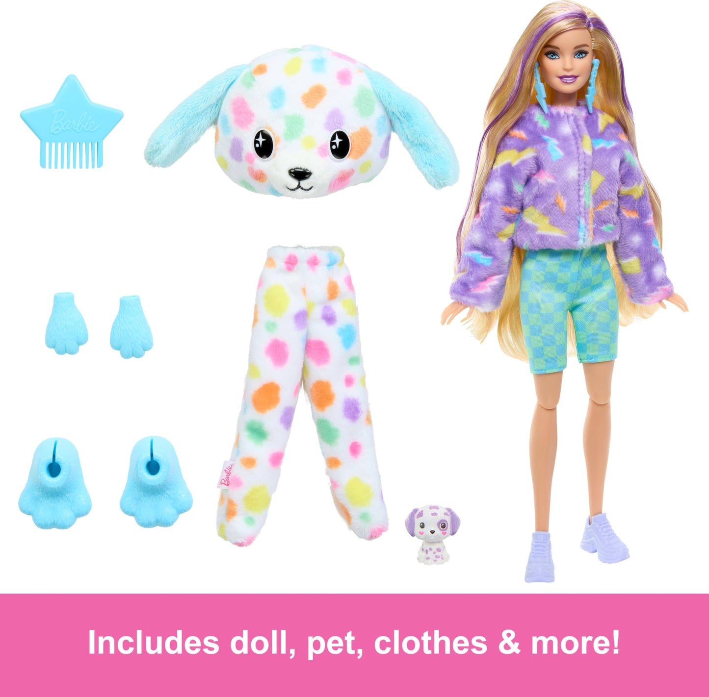 Barbie Cutie Reveal Doll & Accessories with Rainbow Dalmatian Plush Costume & 10 Surprises Including Color Change, Color Dream Series, HRK41