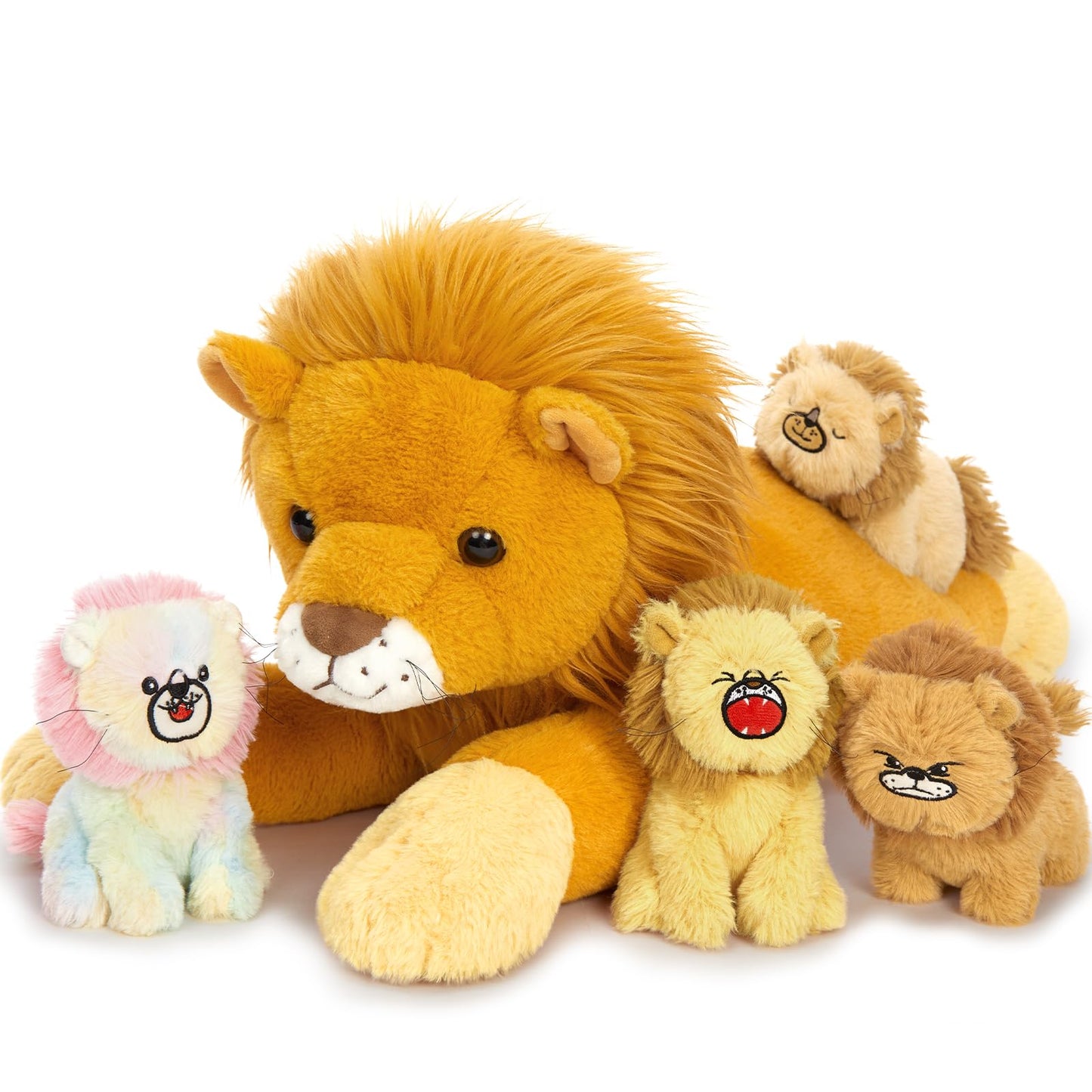 MorisMos Big Lion Teddy Soft Toy, 60cm Mom with 4 Cuddly Baby Inside, Giant Fluffly Lion Stuffed Animal Realistic Kawaii Gift for Kids Birthday Deco