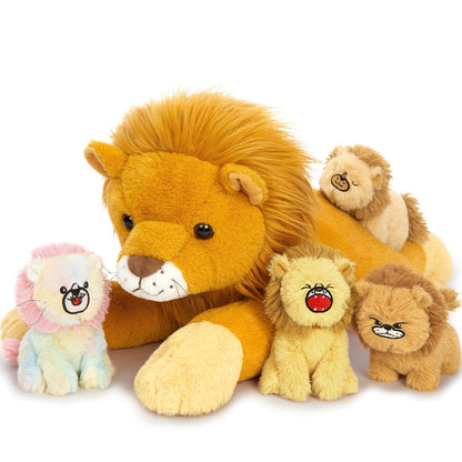 MorisMos Big Lion Teddy Soft Toy, 60cm Mom with 4 Cuddly Baby Inside, Giant Fluffly Lion Stuffed Animal Realistic Kawaii Gift for Kids Birthday Deco