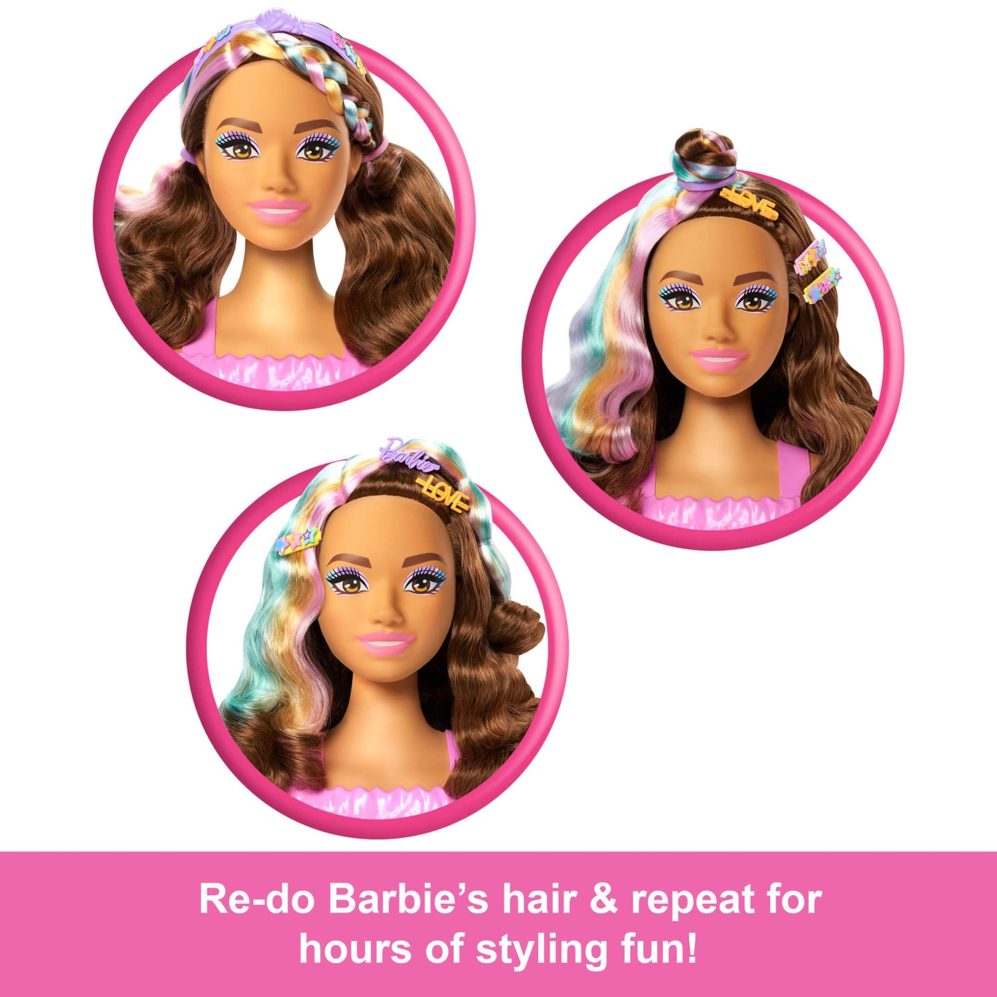 Barbie Doll Styling Head with dark brown hair, 20+ accessories, including star and butterfly color-changing hair clips.