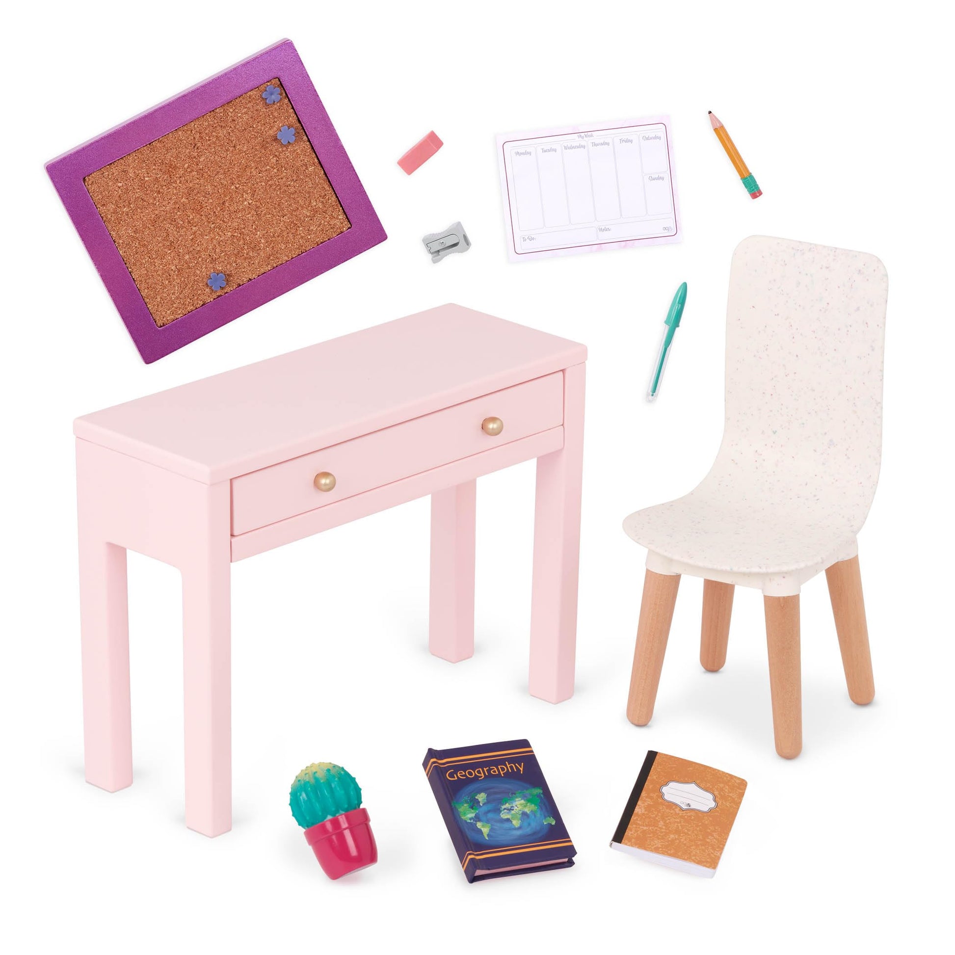 Our Generation dollhouse furniture set featuring a home desk and chair for 18-inch dolls, perfect for pretend play.
