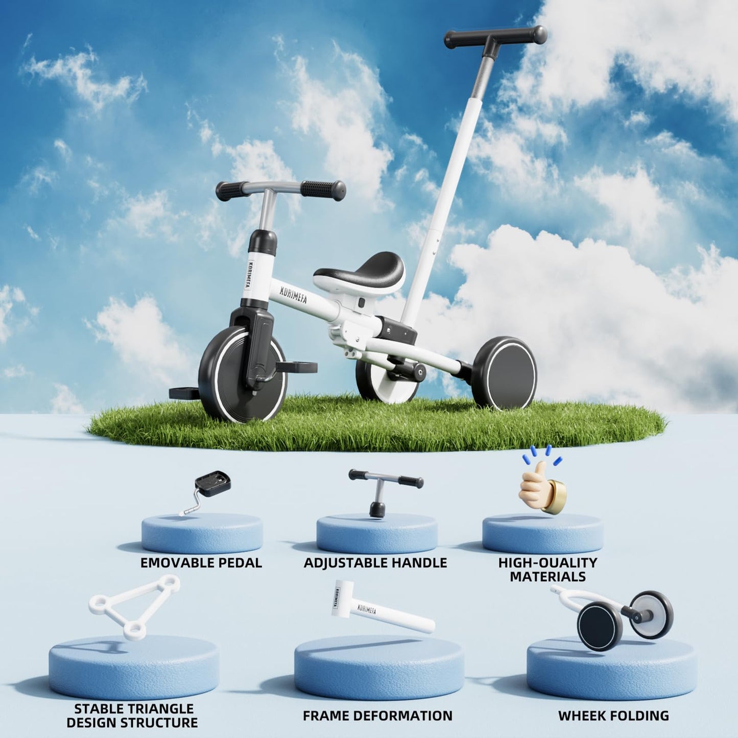 KORIMEFA Tricycle for 1-3 Years Old, 5 in 1 Balance Bike with Push Handle, Adjustable Seat, Removable Pedals, Toddler Trike for Boy & Girl, White