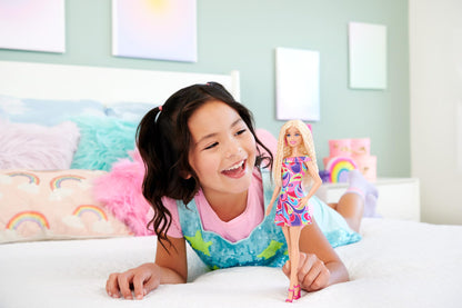 Barbie Fashionistas Doll #223 with blonde wavy hair wearing a colorful, totally hair-inspired dress and accessories.