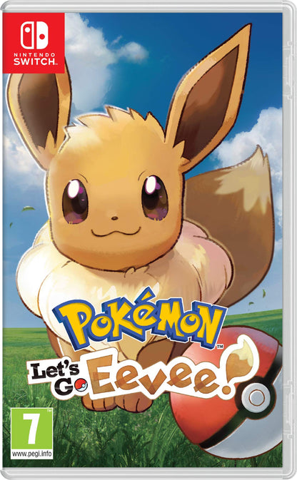 Nintendo Pokémon Let’s Go, Eevee! Nintendo Switch game cartridge with colorful Eevee and Pokémon artwork on the label.