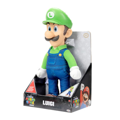 Nintendo Super Mario Bros. Luigi plush toy, 14-inch poseable figure with realistic eyes and detailed 3D outfit, for kids and collectors.