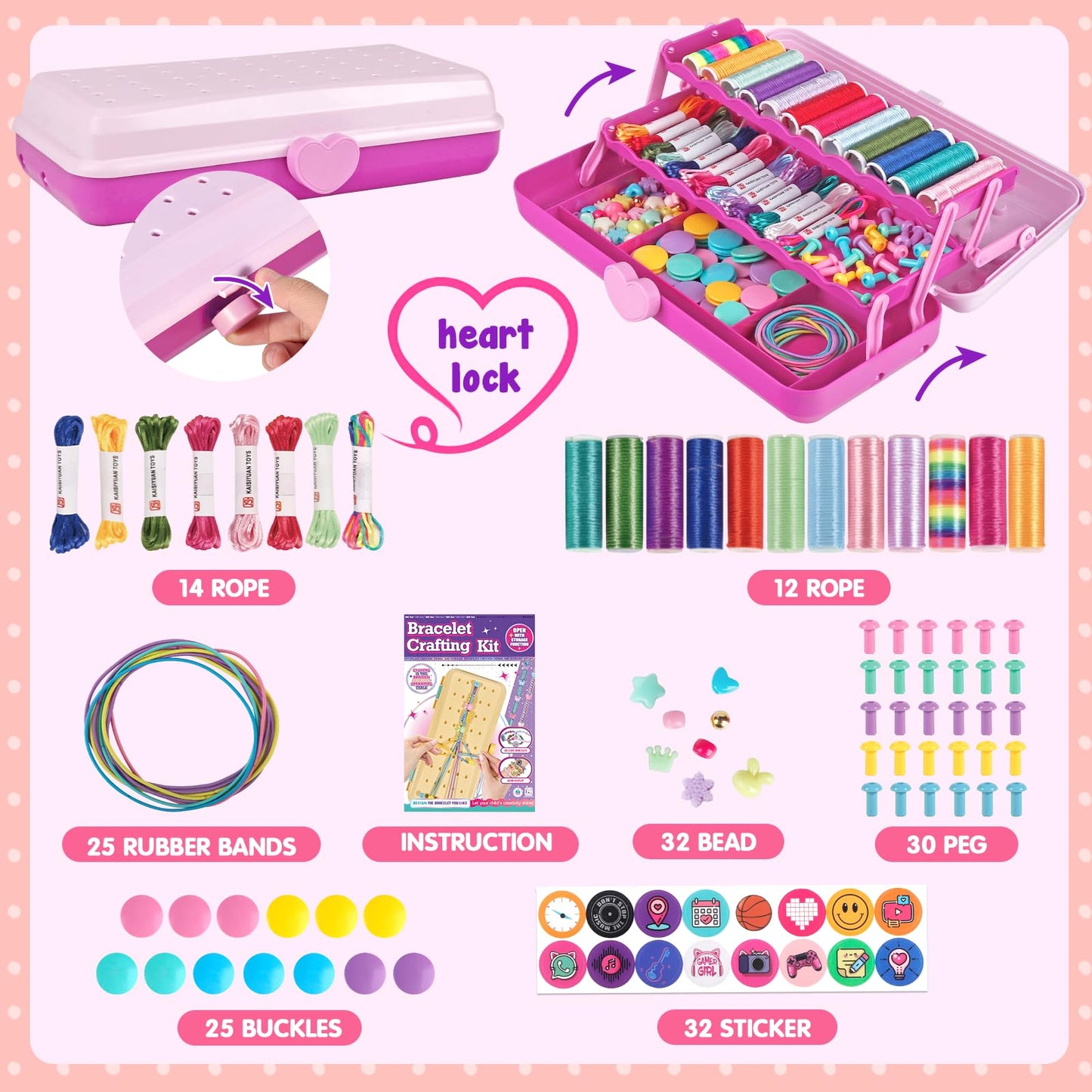 Friendship Bracelet Making Kit with Storage Box,DIY String Bracelet Arts and Craft for Girls Aged 8-12,Kids' Travel Activity Toy Set, Birthday Gifts for Ages 6 7 8 9 10 11 12 Year Old (Pink/Rose)