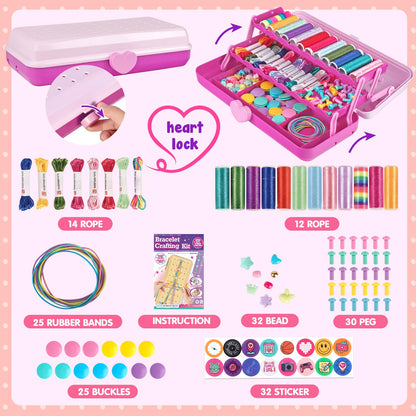 Friendship Bracelet Making Kit with Storage Box,DIY String Bracelet Arts and Craft for Girls Aged 8-12,Kids' Travel Activity Toy Set, Birthday Gifts for Ages 6 7 8 9 10 11 12 Year Old (Pink/Rose)