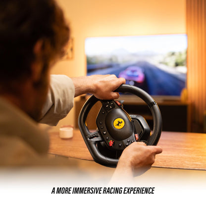 Thrustmaster T98 Ferrari 296 GTB racing wheel and pedals, black with Ferrari logo, featuring manettino dial and bungee cord technology.