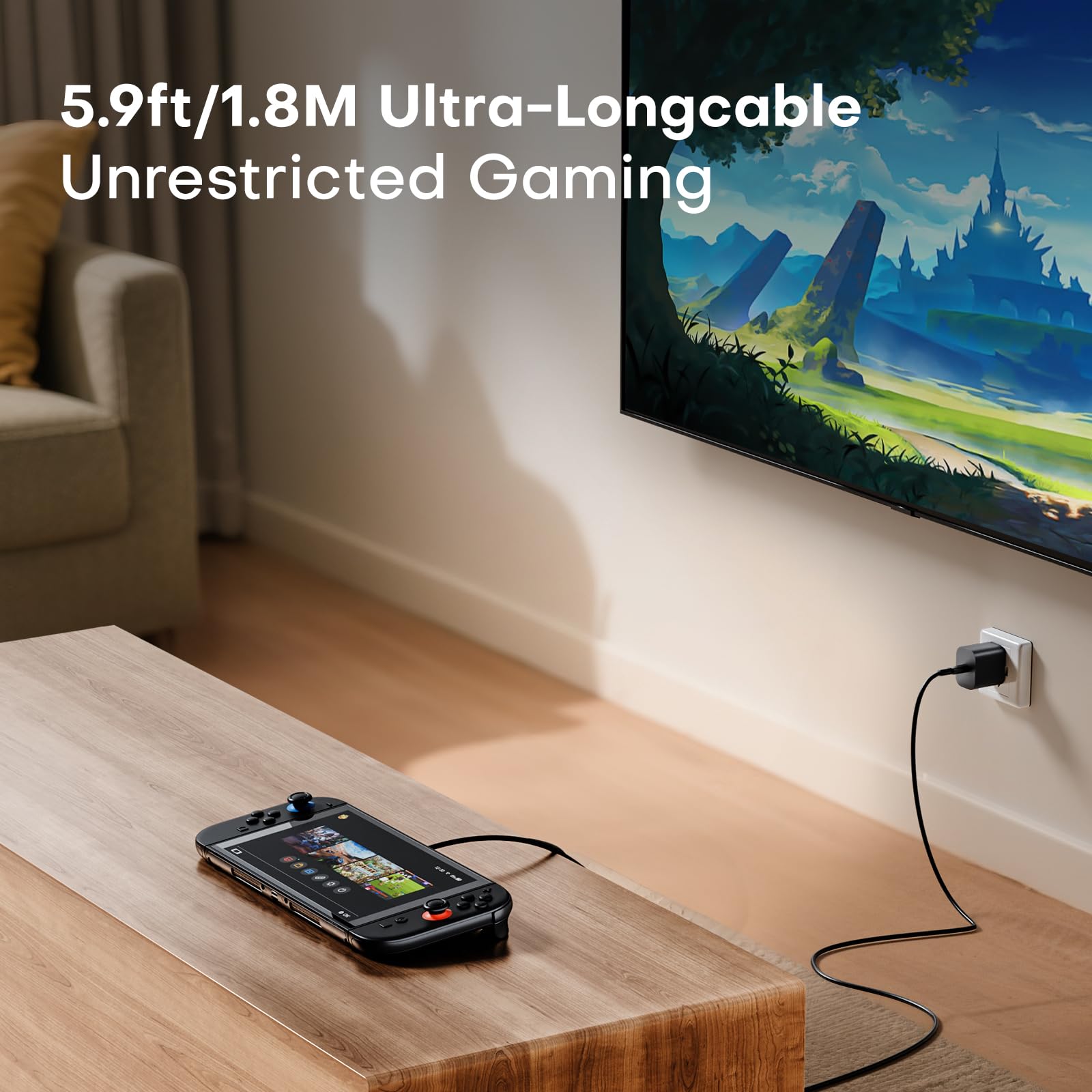 Gqohrt 60W fast USB-C charger for Nintendo Switch, Switch OLED, Lite, Steam Deck, with 6ft cable and TV dock support