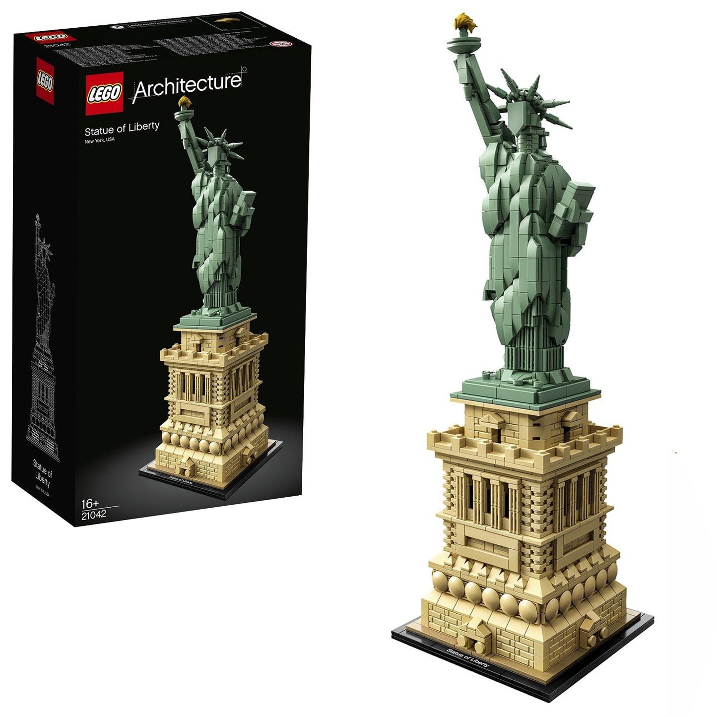 LEGO Architecture Statue of Liberty model kit displayed, showcasing detailed design and collectible New York landmark features.