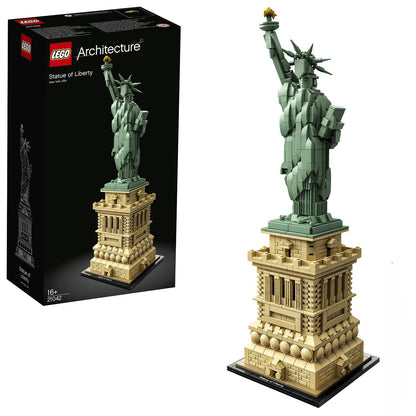 LEGO Architecture Statue of Liberty model kit displayed, showcasing detailed design and collectible New York landmark features.