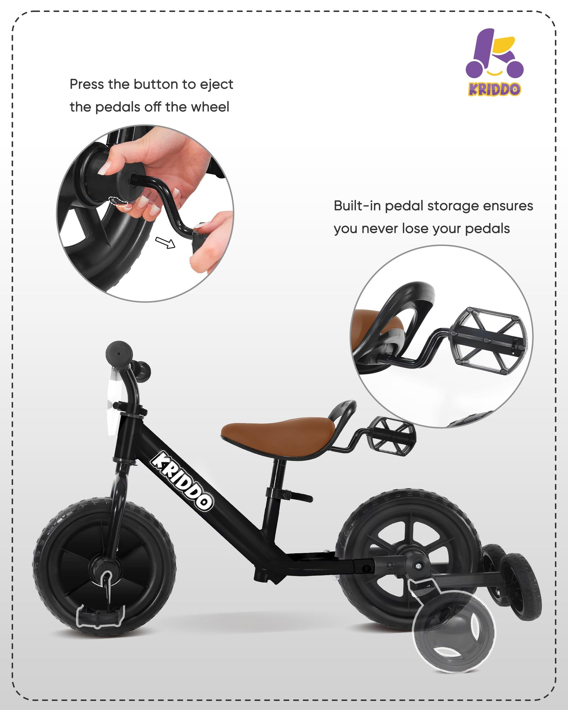 KRIDDO 2-in-1 kids tricycle and balance bike in black with detachable pedals and training wheels for toddlers.