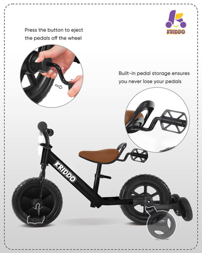 KRIDDO 2-in-1 kids tricycle and balance bike in black with detachable pedals and training wheels for toddlers.
