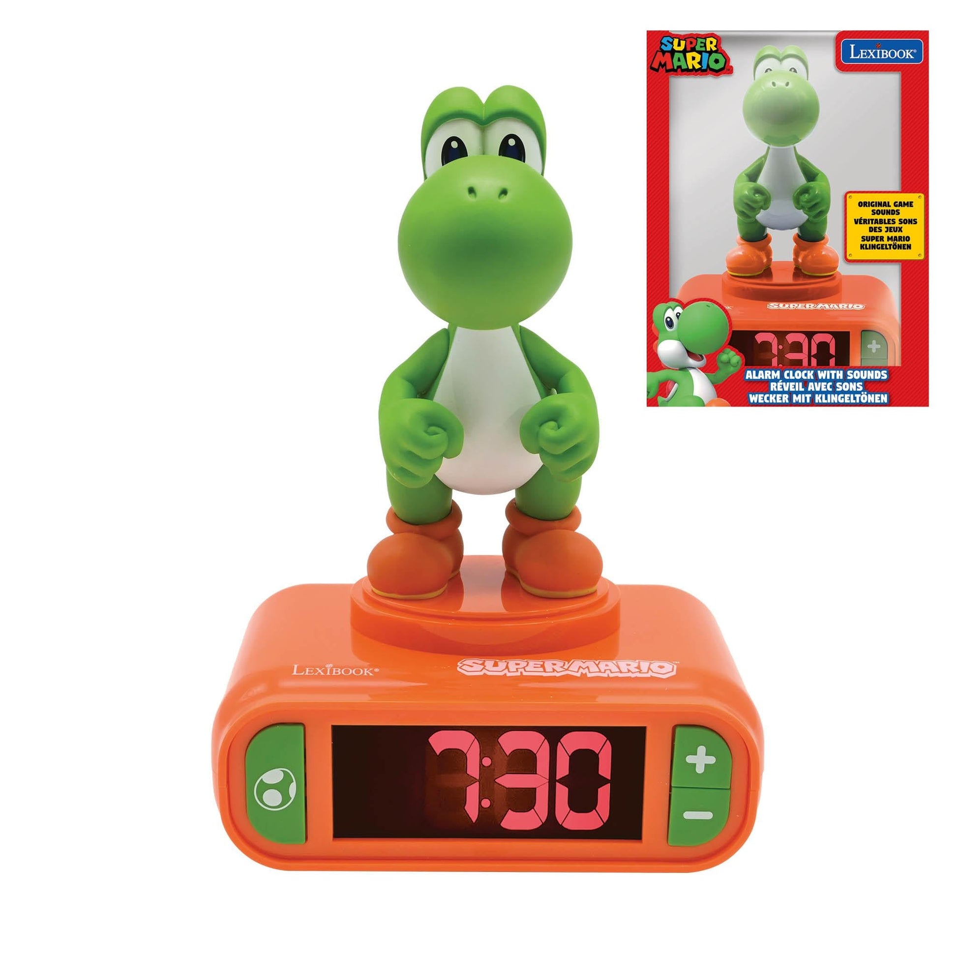 LEXIBOOK Super Mario Yoshi nightlight alarm clock with LCD backlit screen, luminous design, sounds, melodies, orange color, snooze function