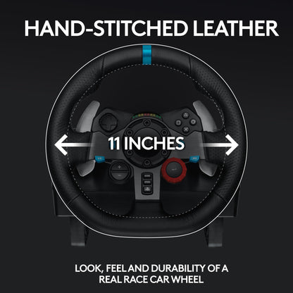 Logitech G G29 racing wheel with floor pedals, stainless steel paddle shifters, and steering wheel cover for PS5, PS4, PC, Mac, black
