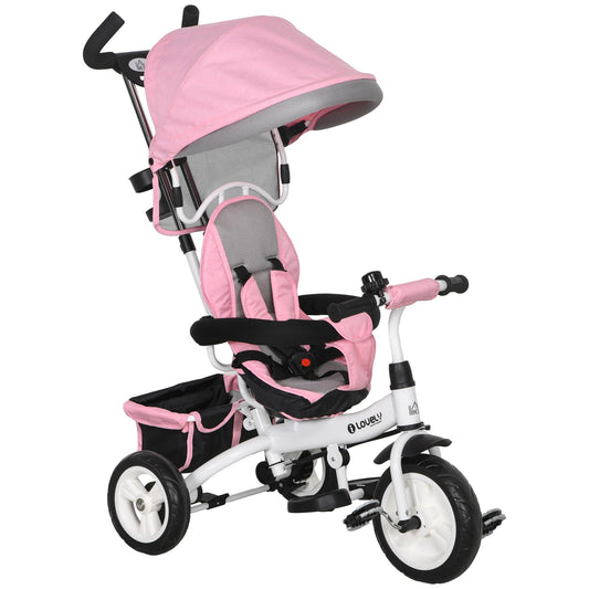 HOMCOM 6 in 1 Trike, Kids Tricycle, Pedal Push Bike w/Parent Handle, Removable Canopy, 5-Point Safety Belt, Storage, Footrest, Brake, for 1-5 Years Toddler, Pink