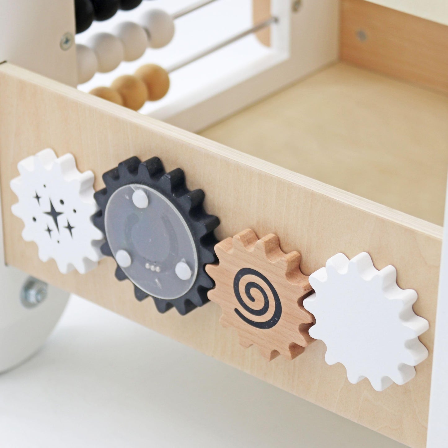 Mamabrum wooden baby walker with wheels featuring shape sorter, bead maze, abacus, gears, stacking blocks for 12+ months activity.