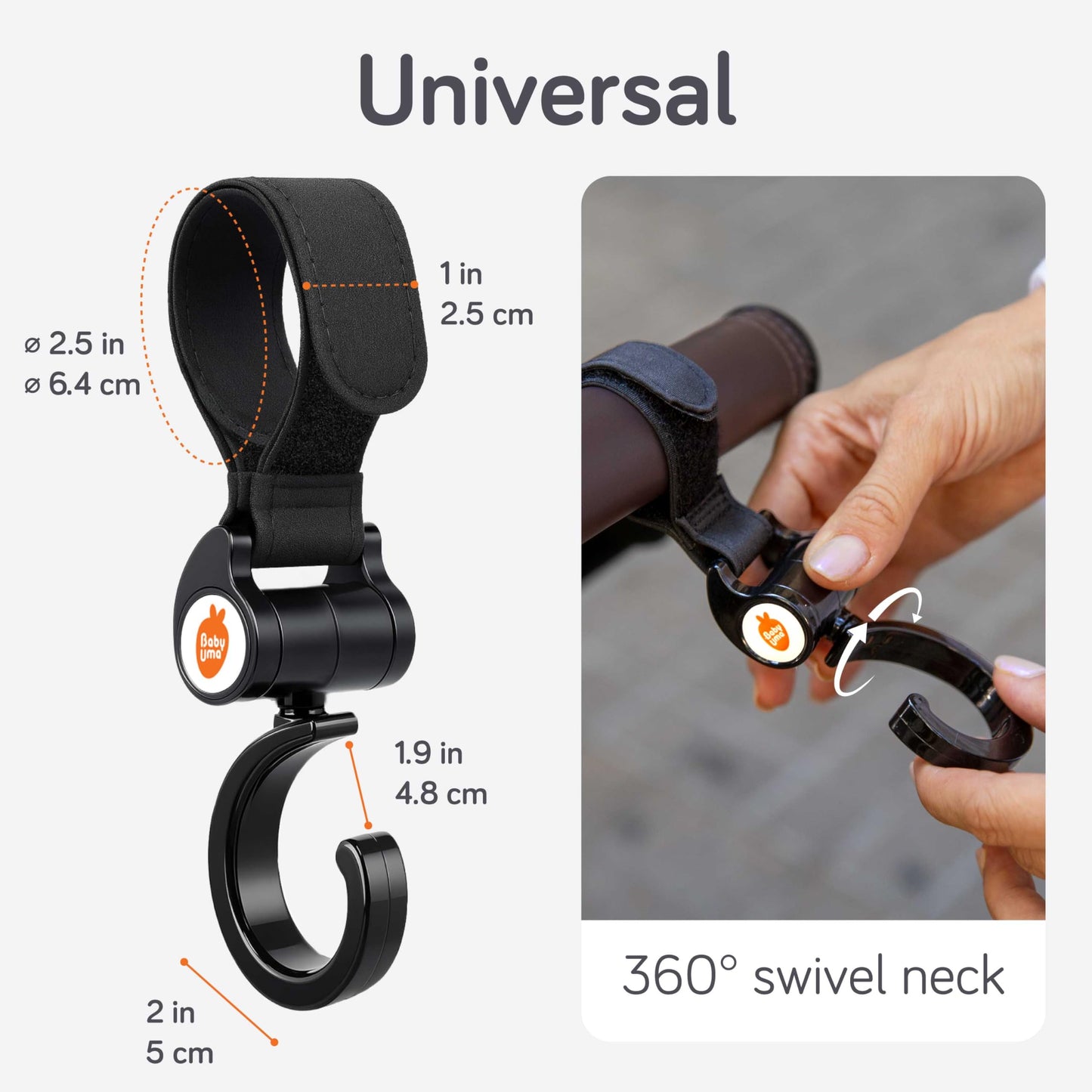 Baby Uma Buggy Clips in a 2-pack with swivel necks and strong straps, attached to a pram for secure, easy-to-use baby accessories.