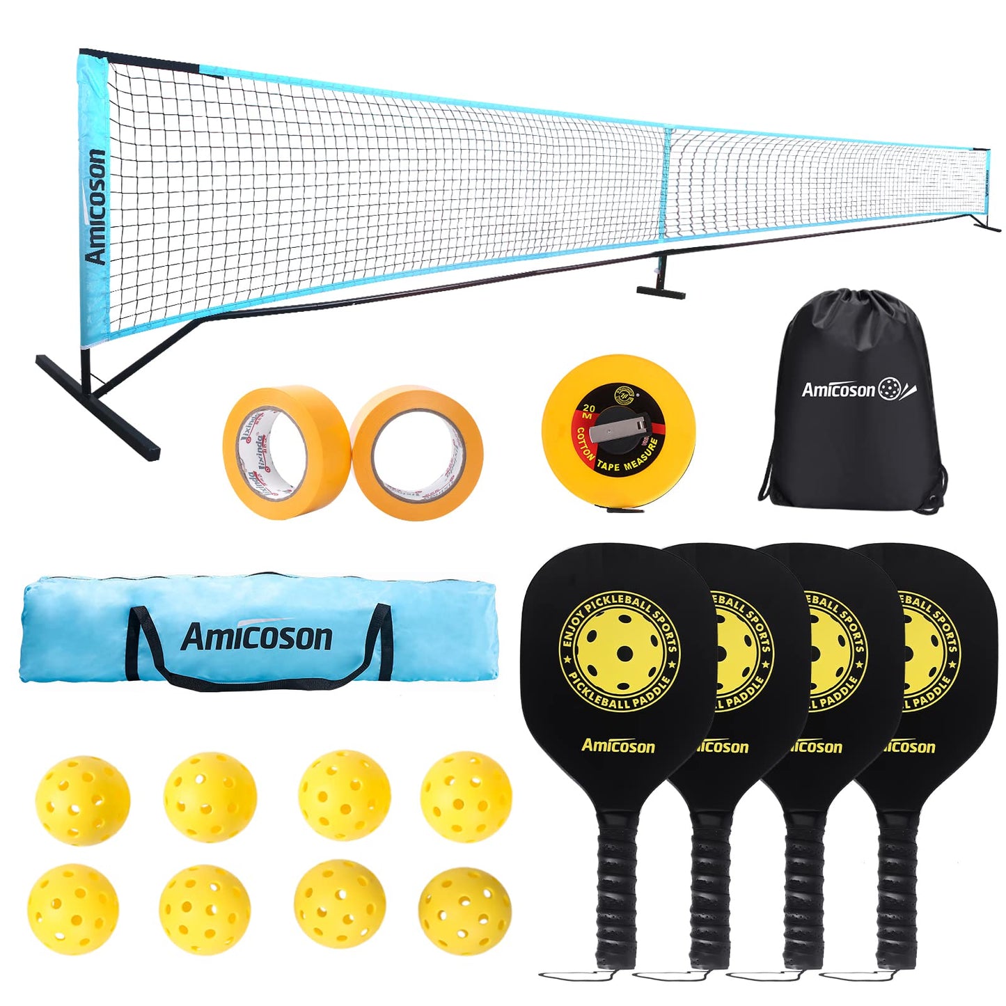 Amicoson pickleball set with 22ft net, 4 wooden paddles, 8 pickleballs, carrying bag, court marking tape, and measuring tape.