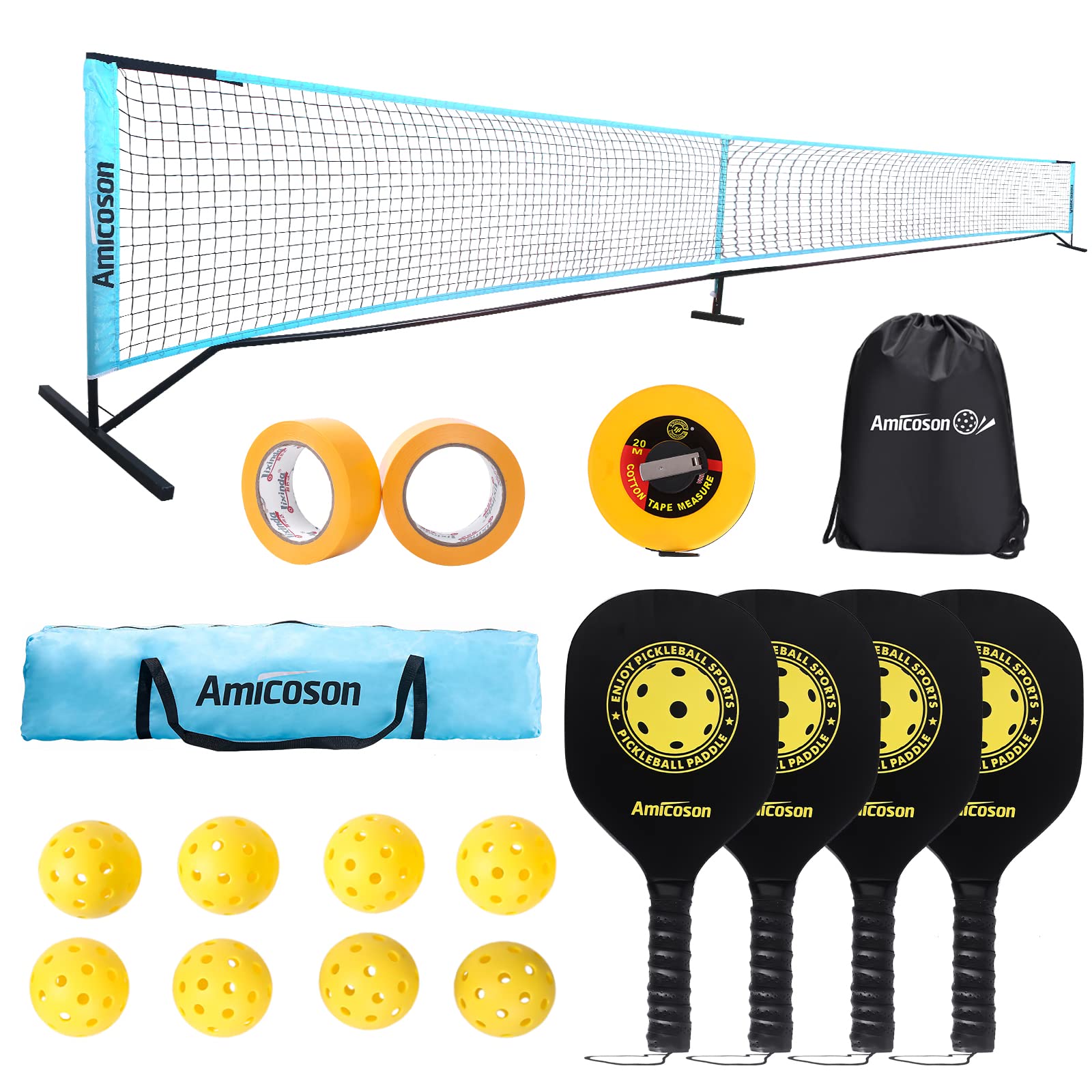Amicoson pickleball set with 22ft net, 4 wooden paddles, 8 pickleballs, carrying bag, court marking tape, and measuring tape.